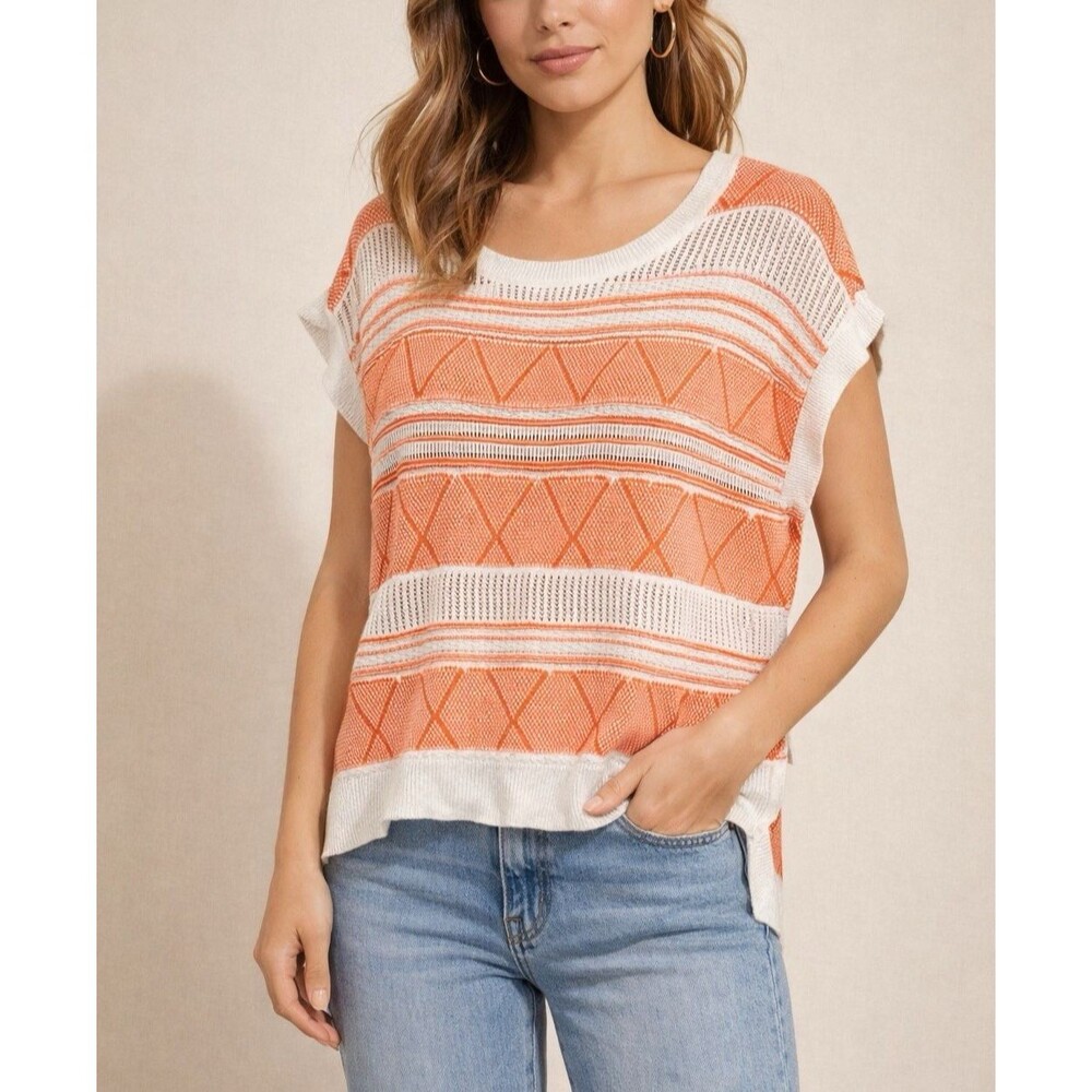 BCBGeneration Orange White Knit Sweater Top Boho Lightweight XS/S NWT